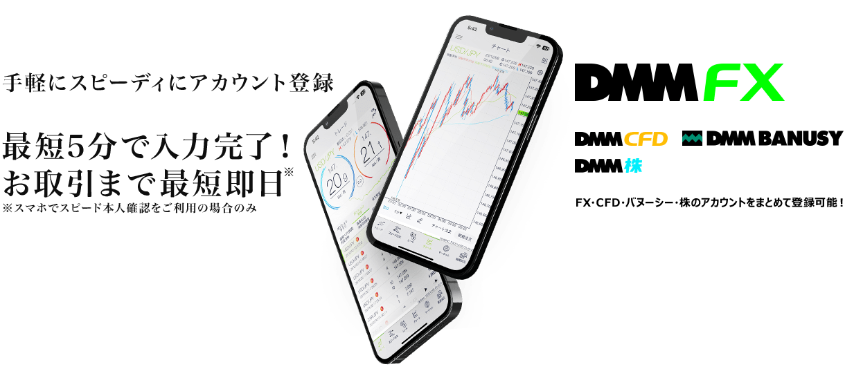 手軽にスピーディにアカウント登録最短5分で入力完了!最短即日取引可能。DMM FX,DMM CFD,DMM BANUSY,DMM 株