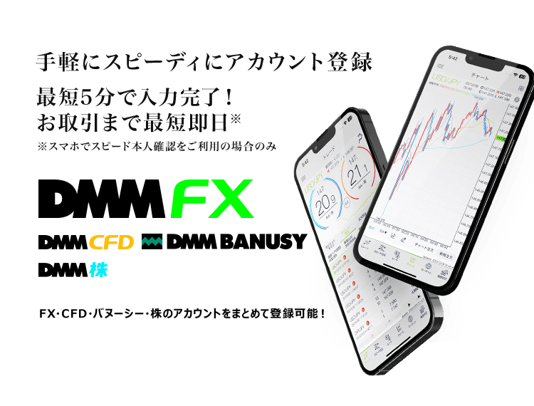 手軽にスピーディにアカウント登録最短5分で入力完了!最短即日取引可能。DMM FX,DMM CFD,DMM BANUSY,DMM 株